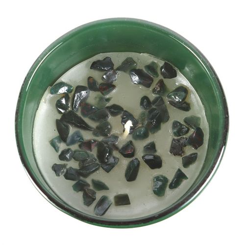 Libra zodiac candle featuring a sweet jasmine gemstone scent with green gemstone pieces on top