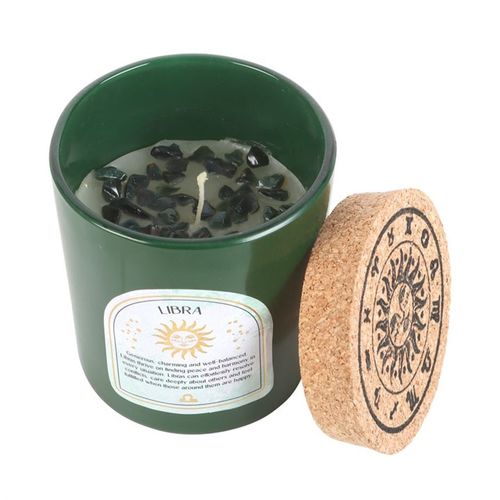 Libra zodiac candle in green glass with sweet jasmine scent and gemstone accents for zodiac enthusiasts