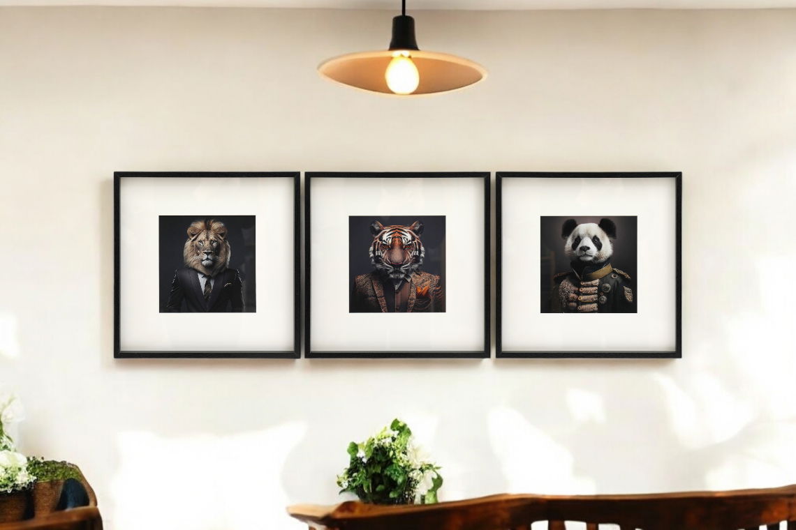 Geko Products set of 3 animal prints featuring a lion, tiger, and panda in formal attire wall art