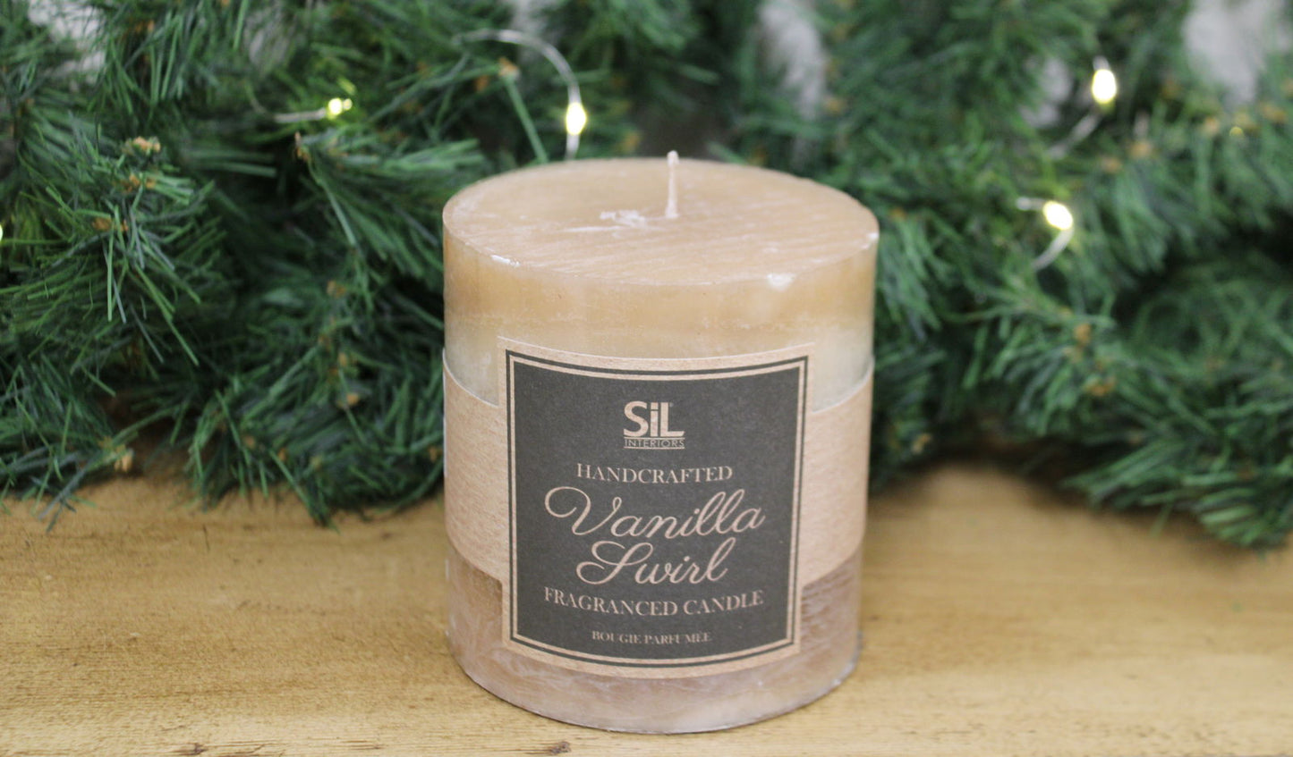 Geko Products Vanilla Swirl Ombre Candle handcrafted with creamy beige and light brown colors on wooden surface