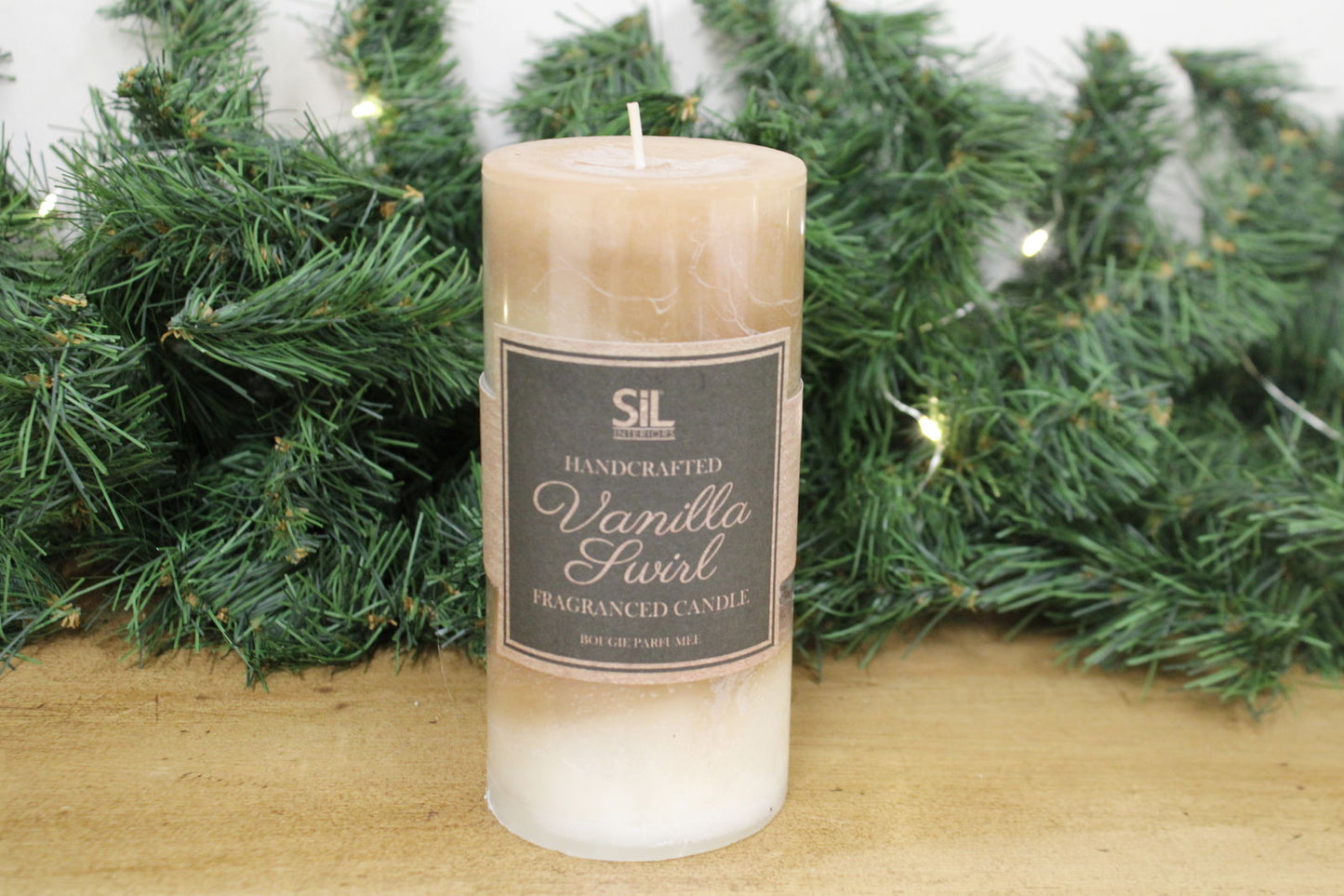 Geko Products Vanilla Swirl Pillar Candle handcrafted with a creamy vanilla fragrance in a two-tone swirl design