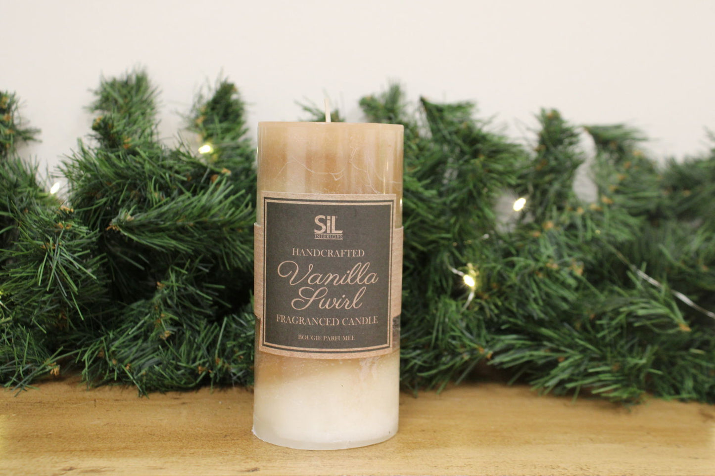 Vanilla Swirl Pillar Candle by Geko Products with handcrafted vanilla scent and decorative gradient design