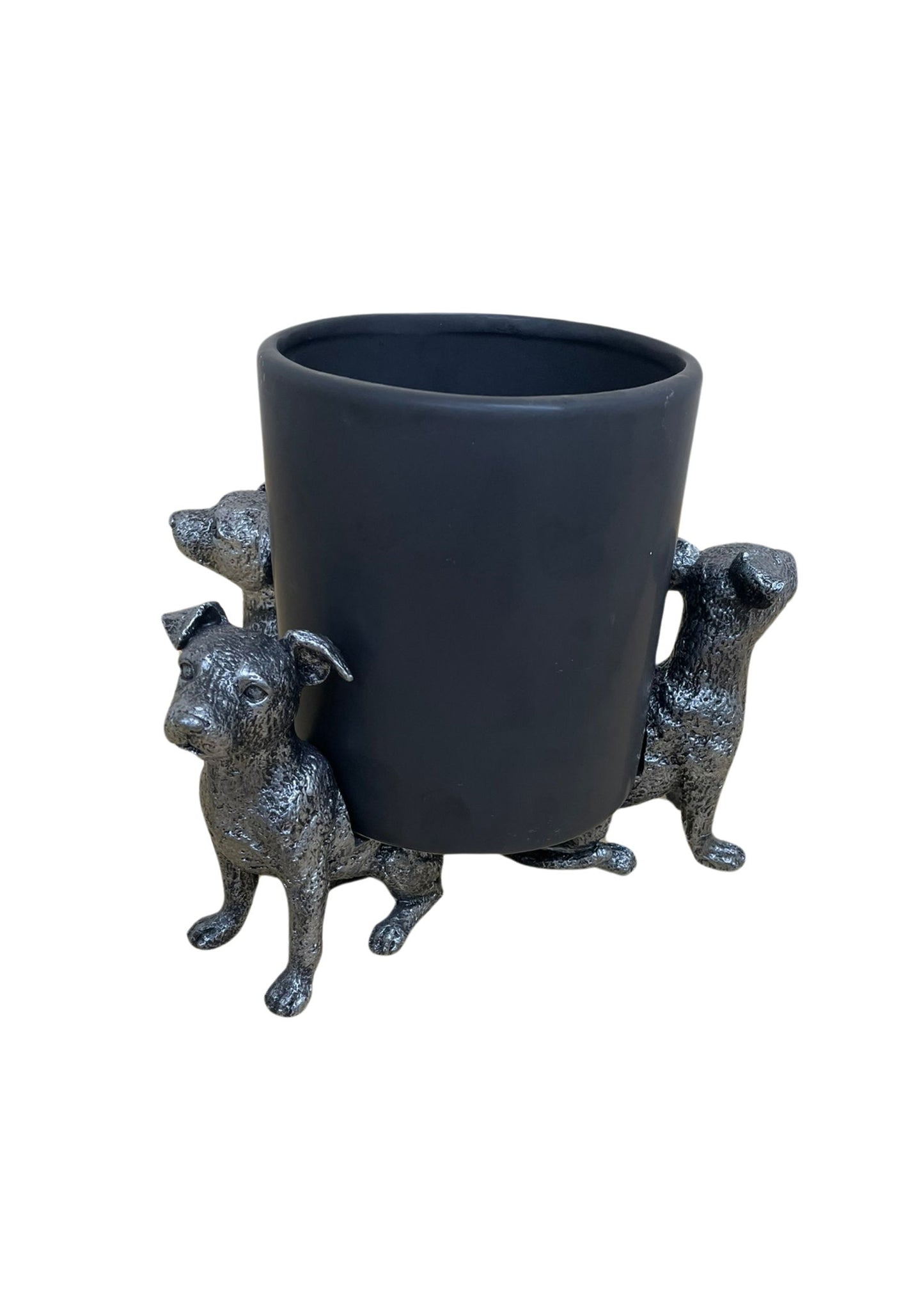 Silver dog pot risers by Geko Products featuring three detailed silver dog figures supporting a black planter