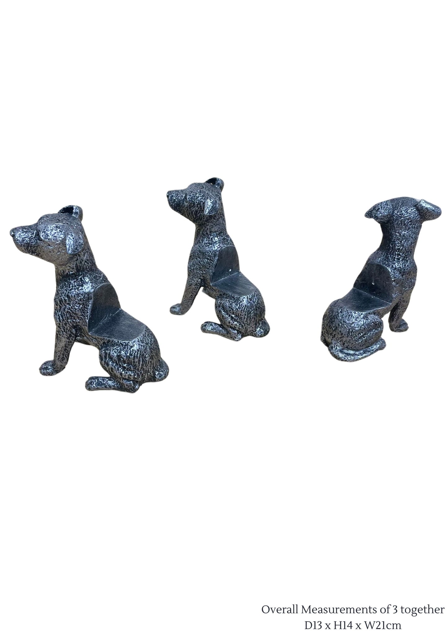 Silver dog pot risers shaped like sitting dogs with textured metal finish set of three