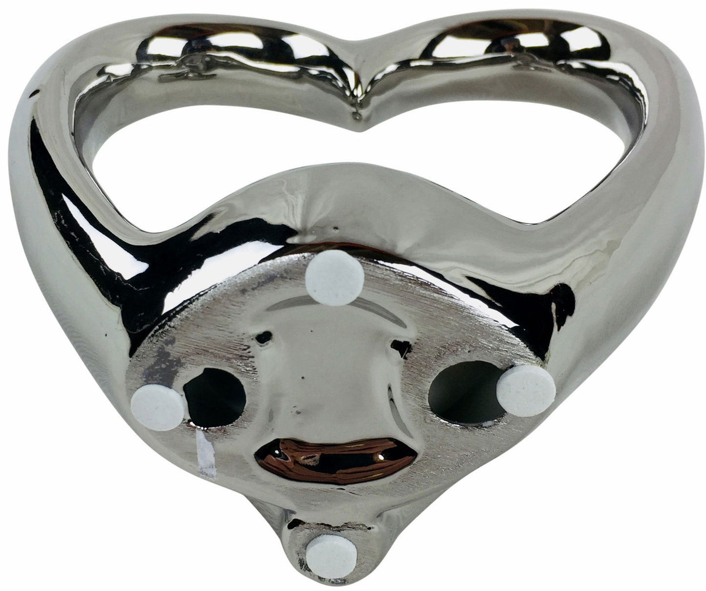 Geko Products silver heart tealight holder with reflective polished metal surface and three rubber feet