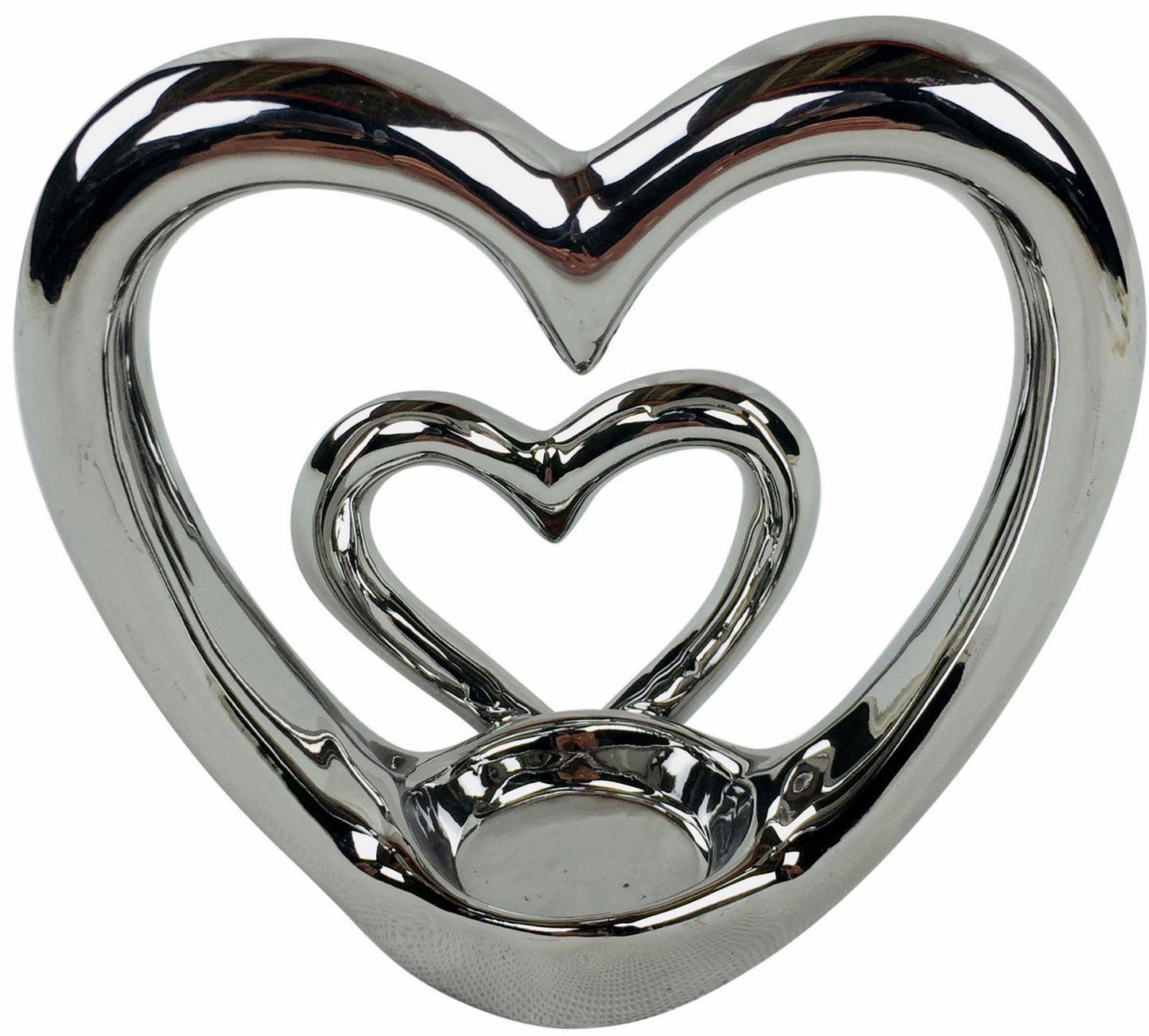 Geko Products silver heart tealight holder with double heart design and shiny metallic finish