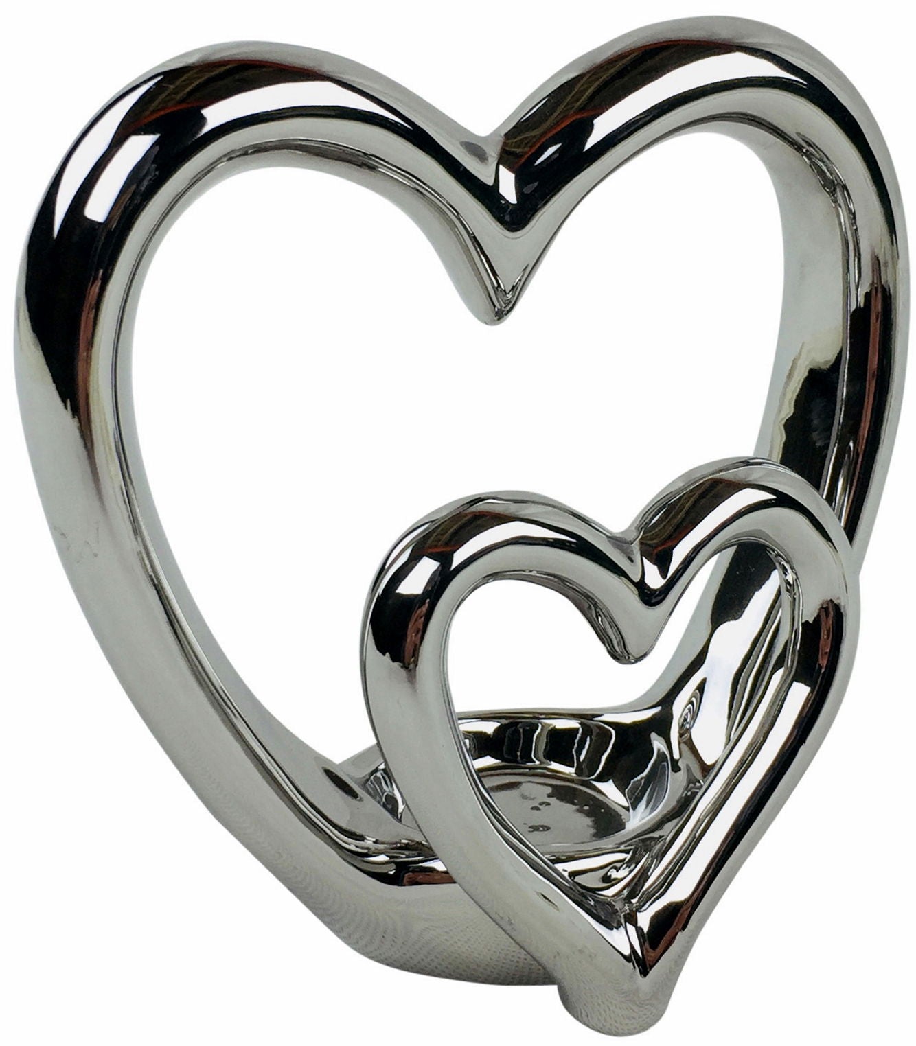 Geko Products silver heart tealight holder with two connected shiny metal hearts for decorative candle display