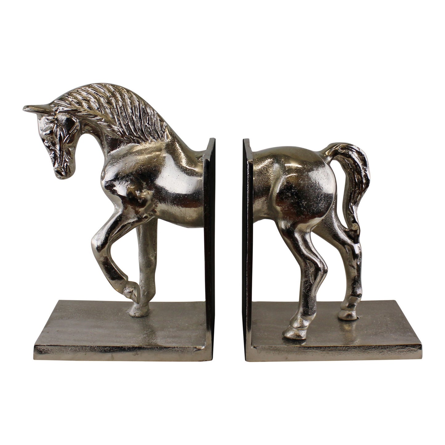 Set of silver horse bookends by Geko Products featuring a detailed horse split into front and back halves