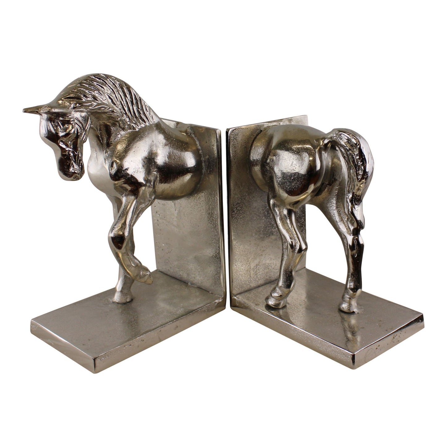 Set of silver horse bookends with detailed horse sculptures on metal bases by Geko Products