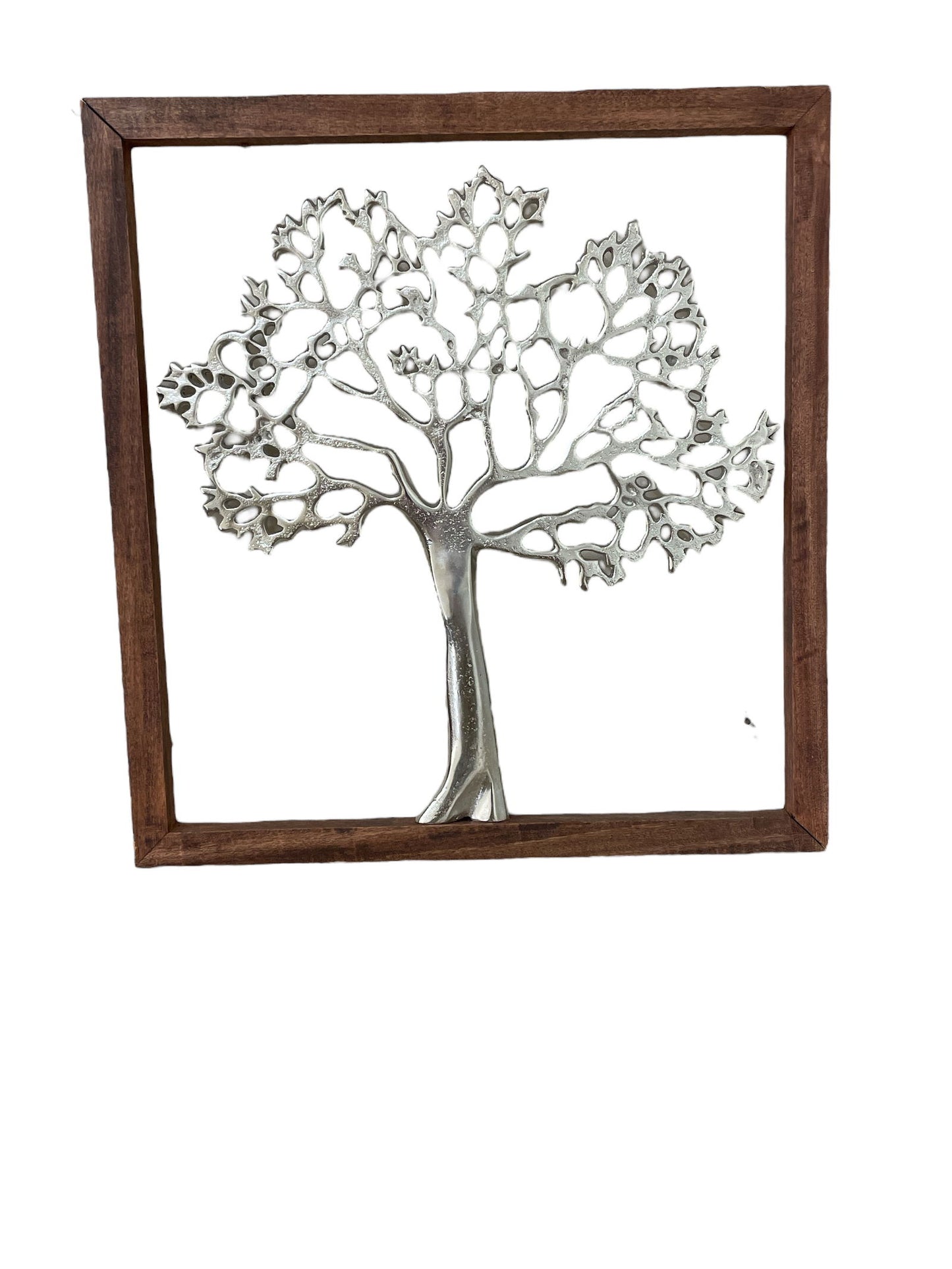 Silver Tree of Life Wall Art with intricate branches in a brown wooden frame by Geko Products