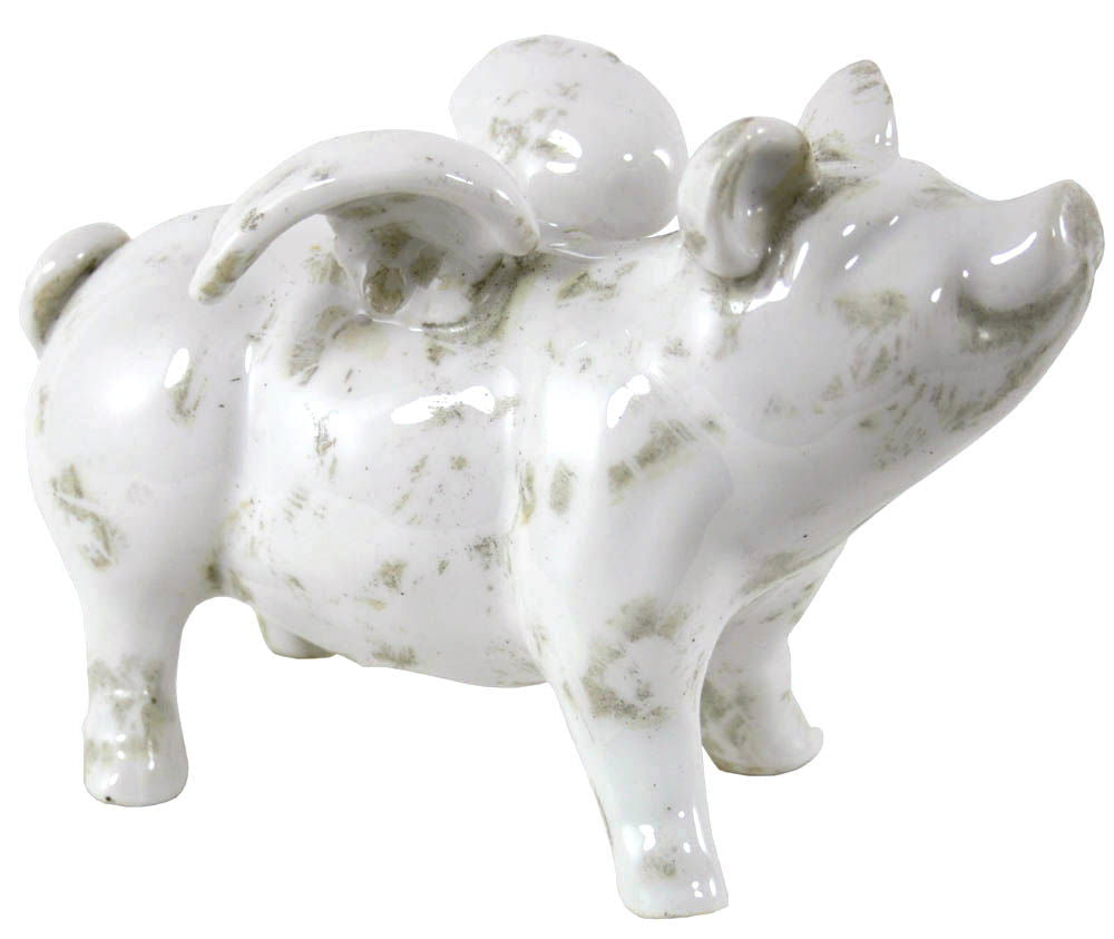 Small ceramic flying pig figurine with white and gray marbled design from Geko Products
