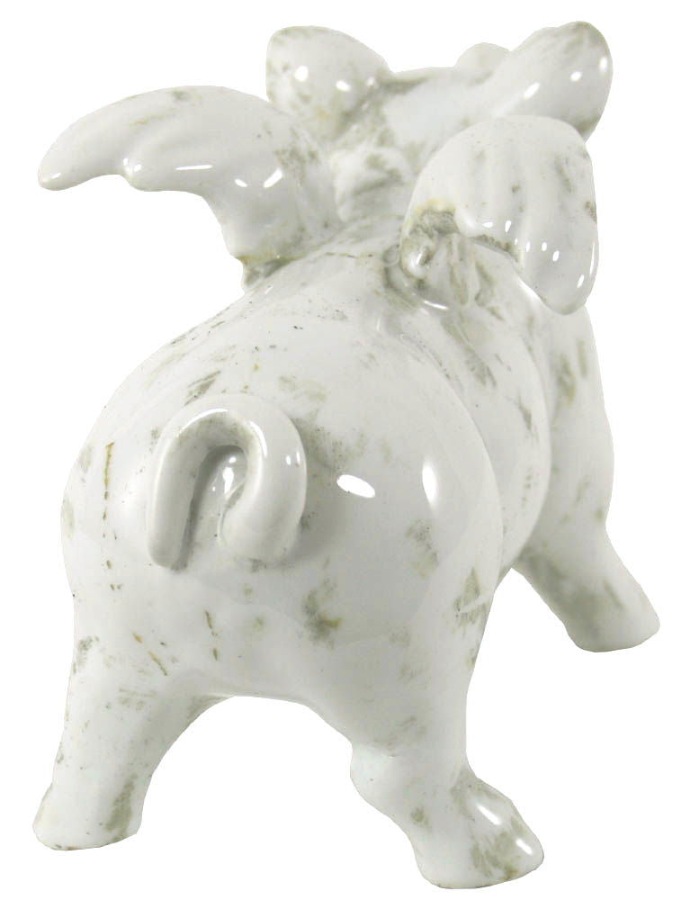 Small ceramic flying pig figurine in white with subtle gray marbling and detailed wings