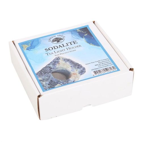 Sodalite Tealight Holder in a gift box, perfect for calming ambiance and spiritual decor