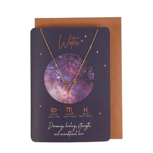 Water Element Zodiac Necklace on card, spiritual jewellery for water signs featuring a triangle pendant