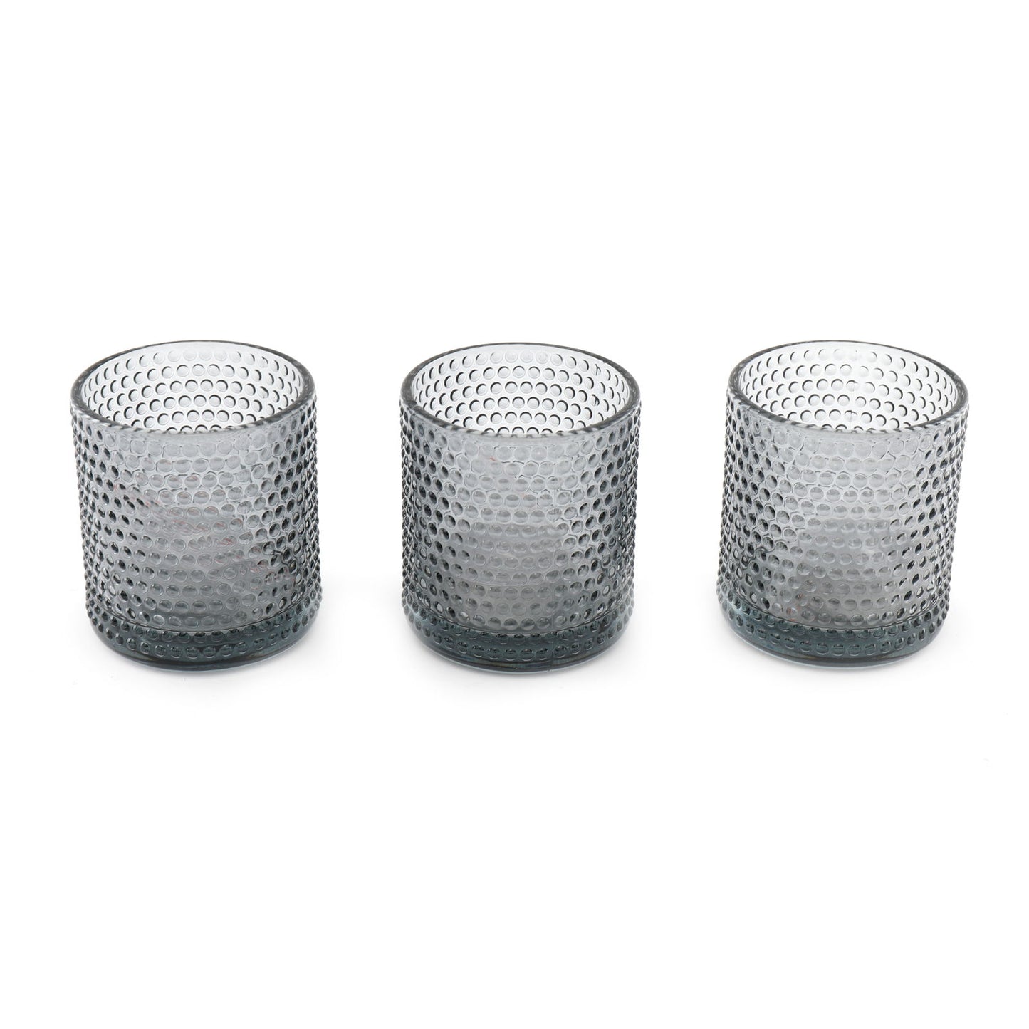 Set of three textured gray glass spiritual tea light holders by Geko Products on white background