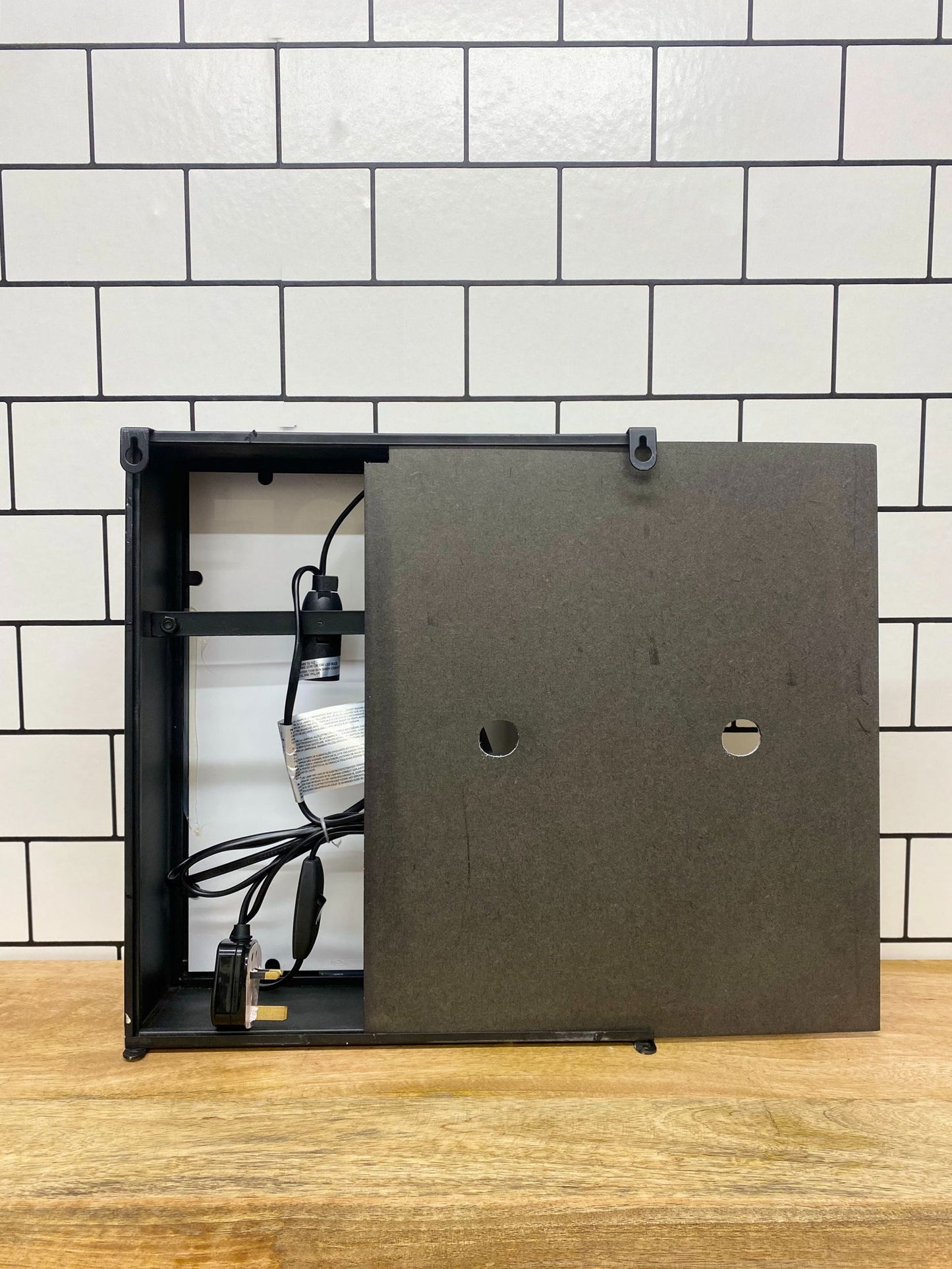 Geko Products Stage Door Box Light with open back showing internal wiring and mounting plate