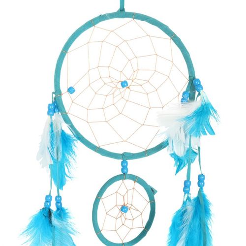Teal dreamcatcher with tassels featuring intricate webbing and colorful feathers for dream protection