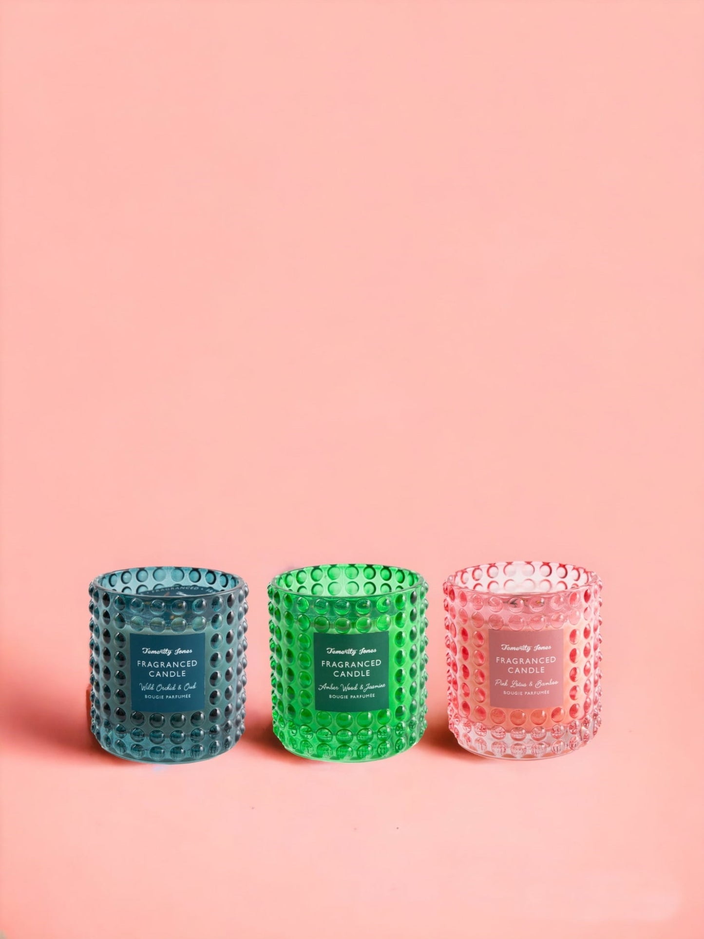 Geko Products decorative glass candles set in blue green and pink with textured glass holders