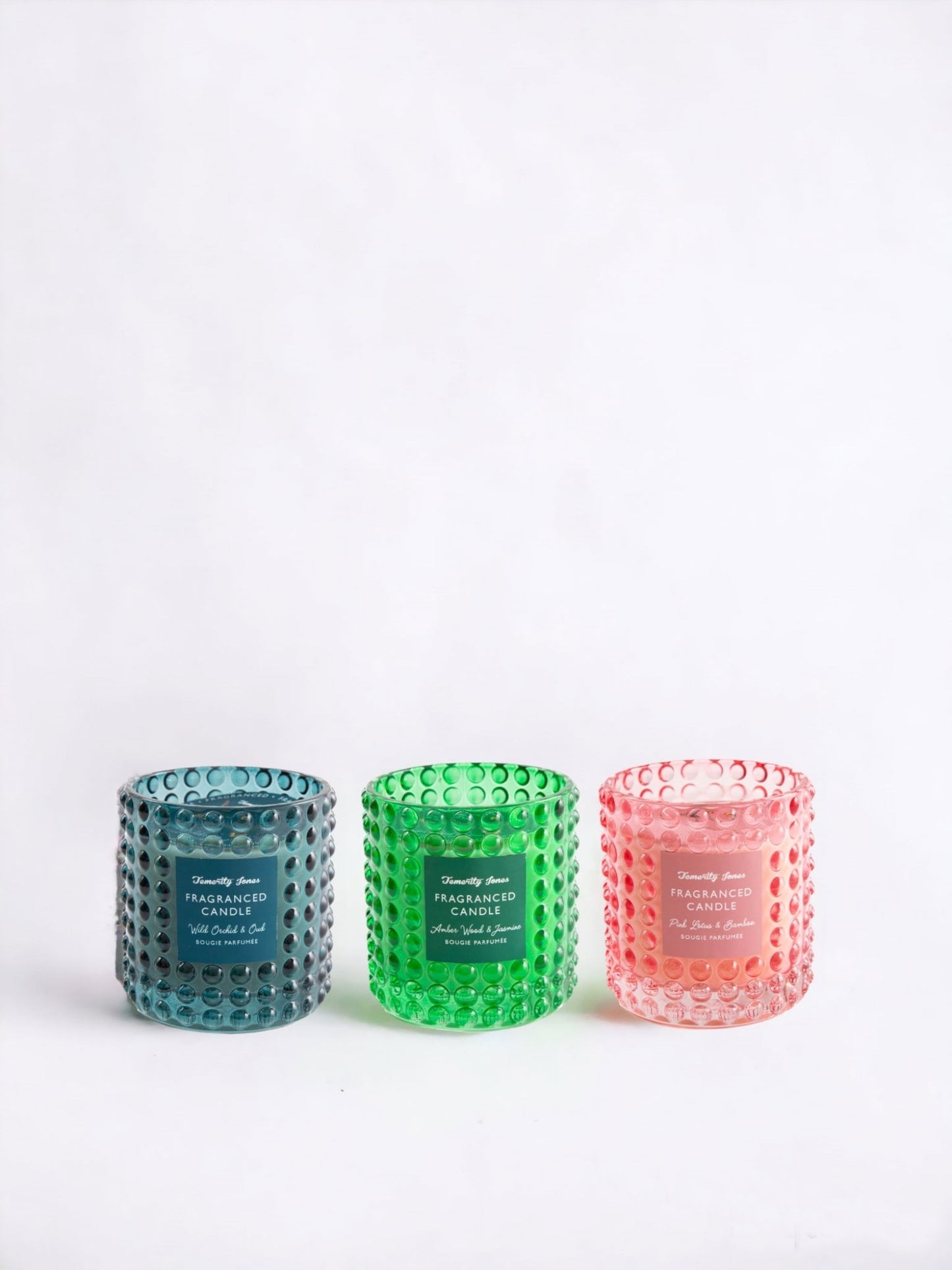 Geko Products decorative glass candles in blue green and pink textured glass holders
