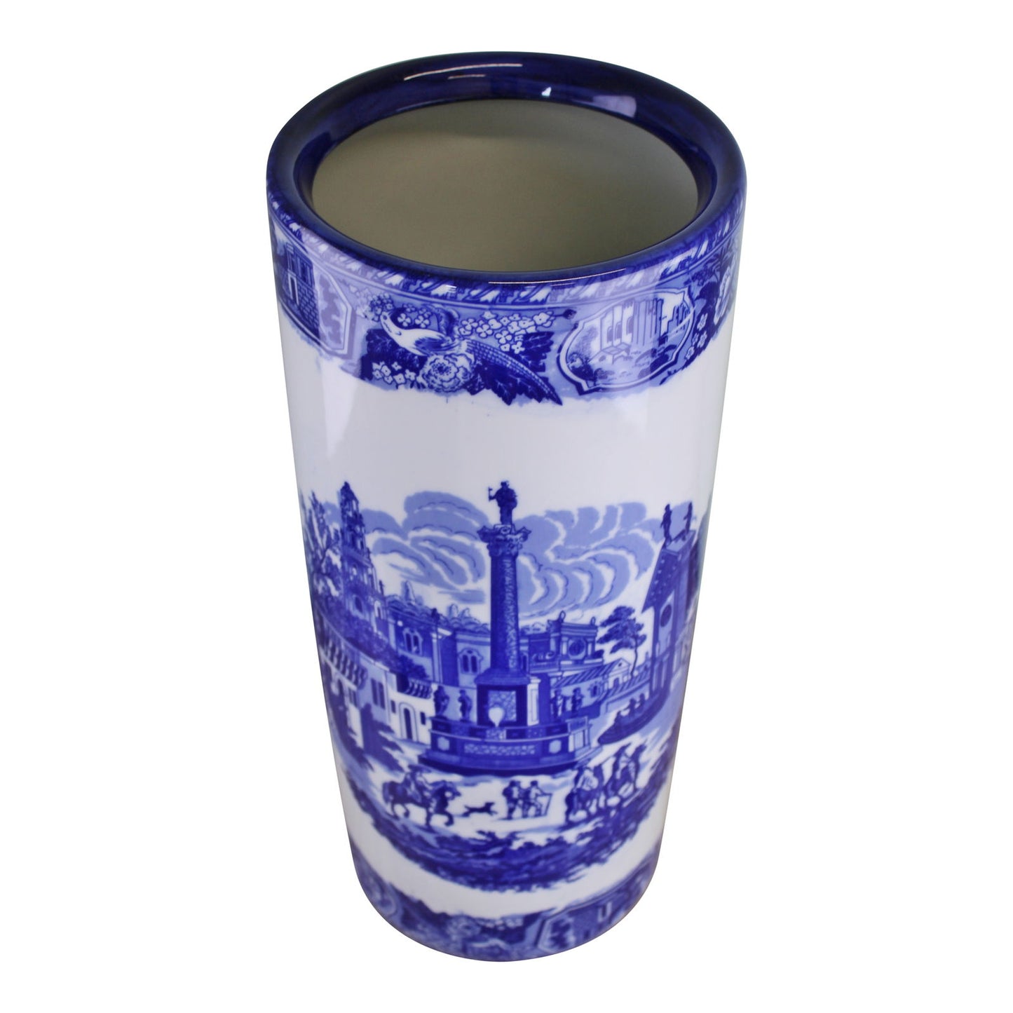 Geko Products townscape design umbrella holder in blue and white ceramic with detailed cityscape artwork