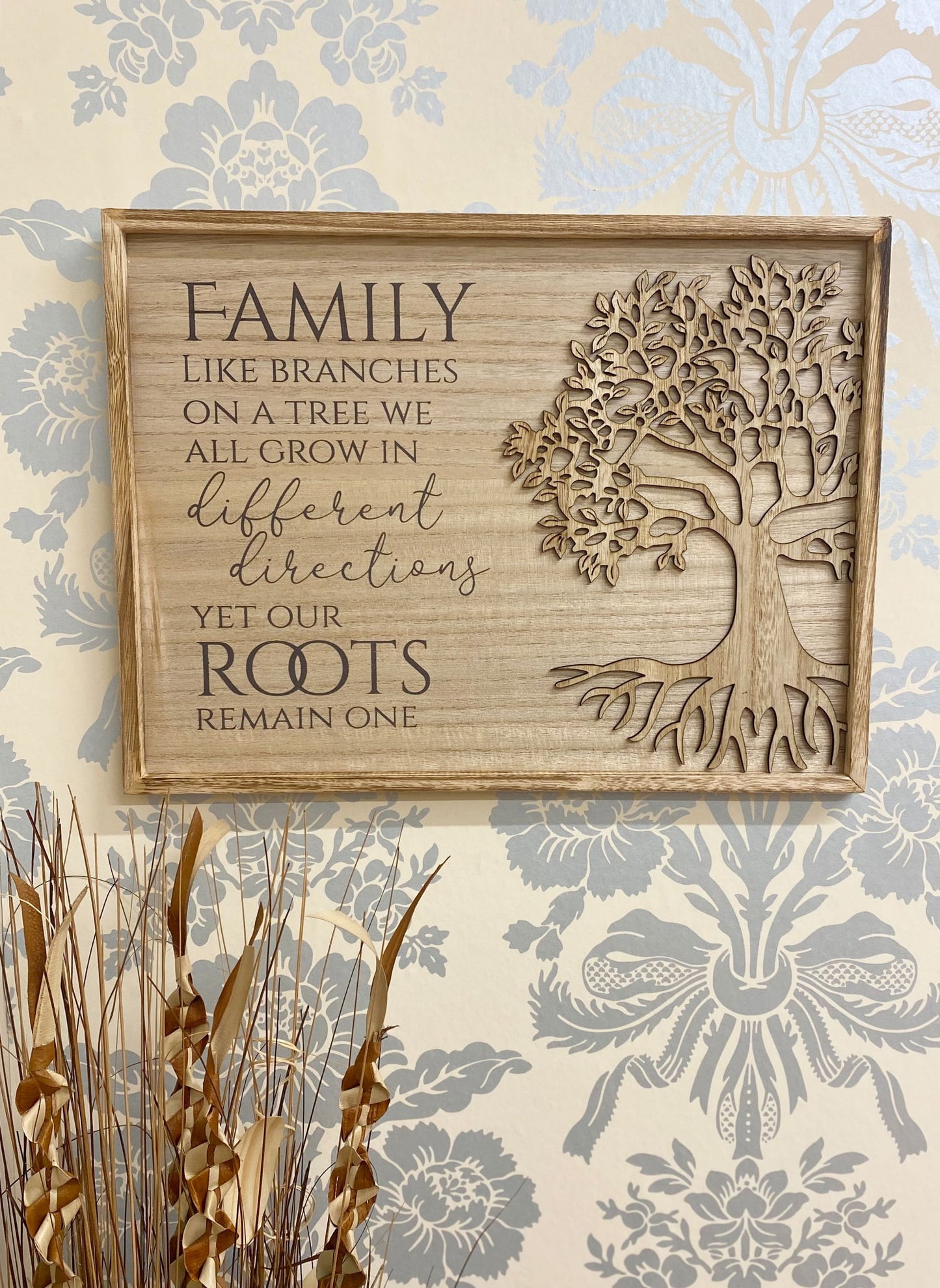 Geko Products Tree of Life Wooden Plaque with family quote and carved tree design on wood background