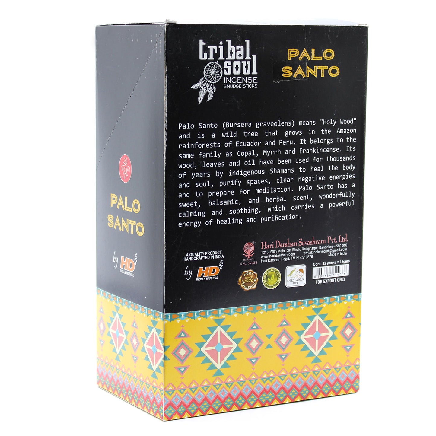 Tribal Soul Palo Santo incense sticks box featuring vibrant tribal design for calming and purifying effects