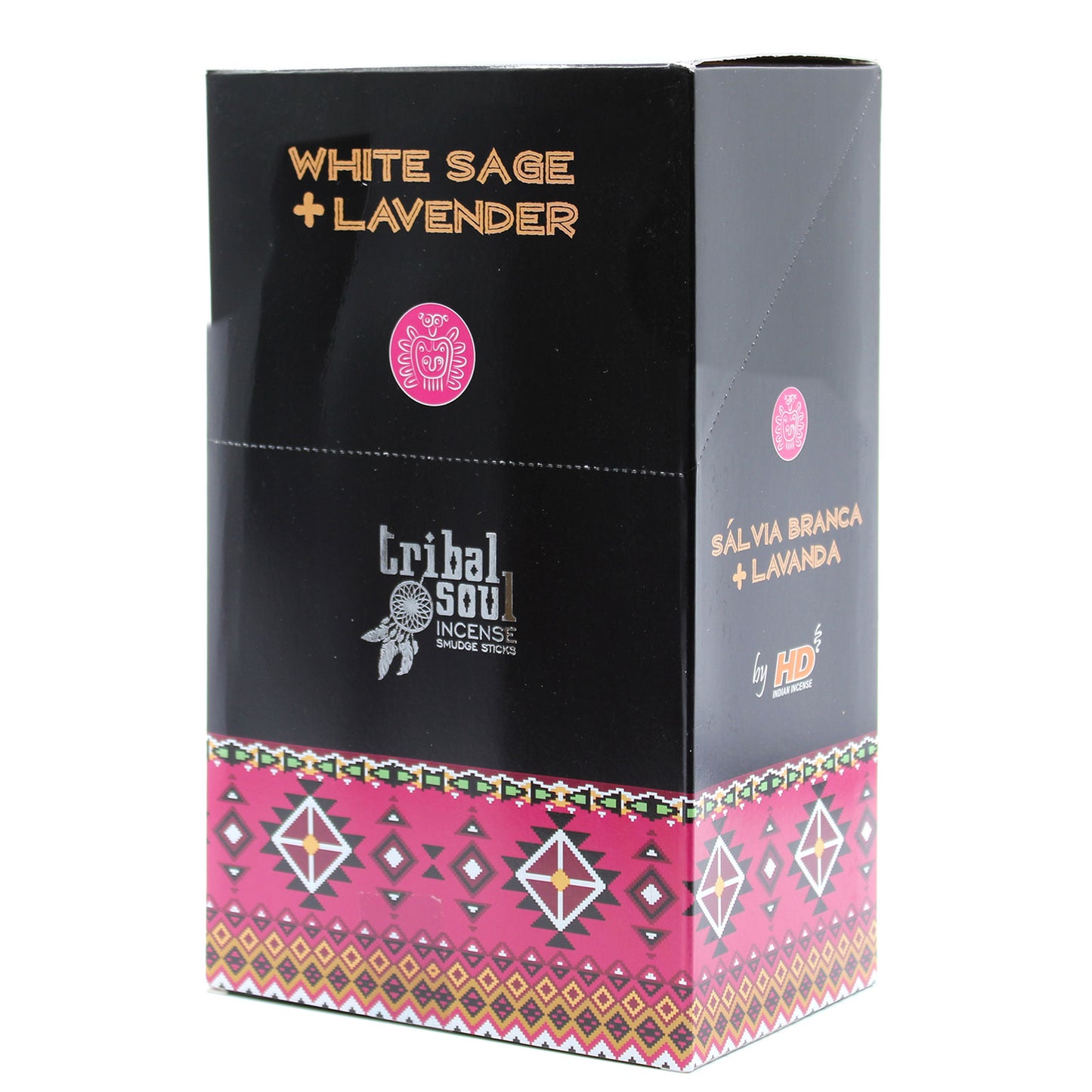 Tribal Soul white sage lavender incense sticks packaging in black with colorful design