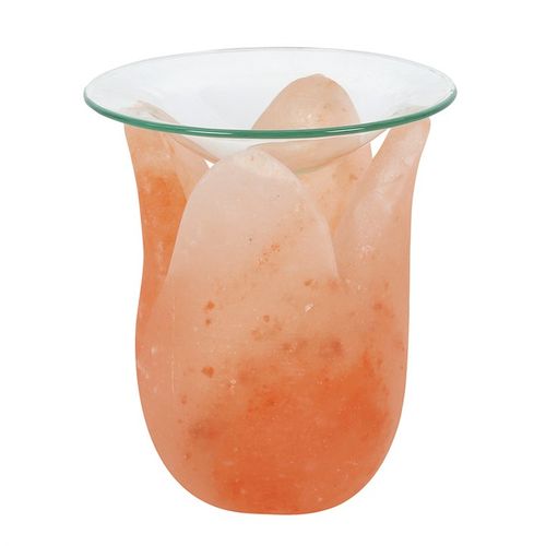 Tulip shaped oil burner made from Himalayan salt with a glass top for essential oils