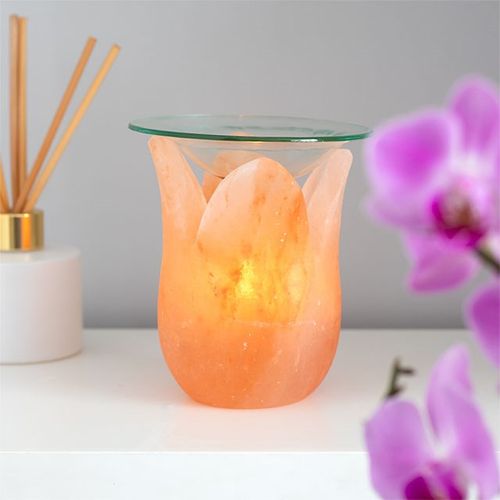 Tulip shaped oil burner made from Himalayan salt with a glass top for essential oils