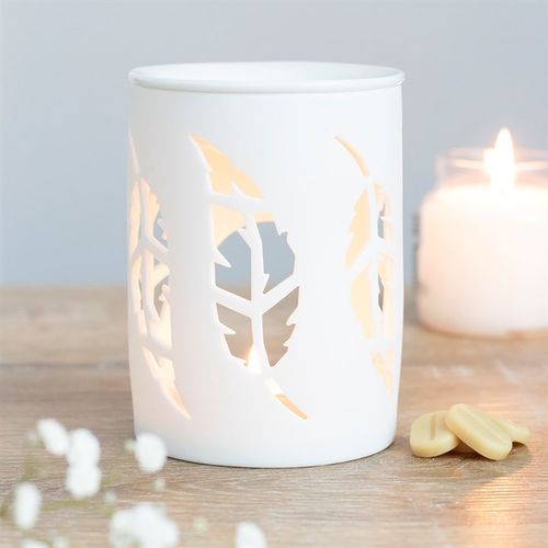 White Feather Cut Out Oil Burner for unique oil burner for home decor with a soft candle glow