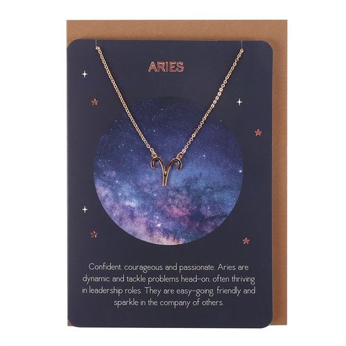 Aries Zodiac Pendant necklace on a starry backdrop with the word Aries, ideal for spiritual jewelry lovers