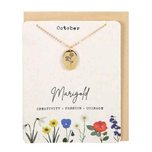 October Birth Necklace Card featuring a gold marigold pendant on a floral card signifying creativity, passion, and courage