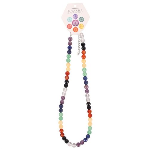 Colorful Sphere Chakra Necklace featuring various gemstones for balance and healing, displayed with a hexagonal tag