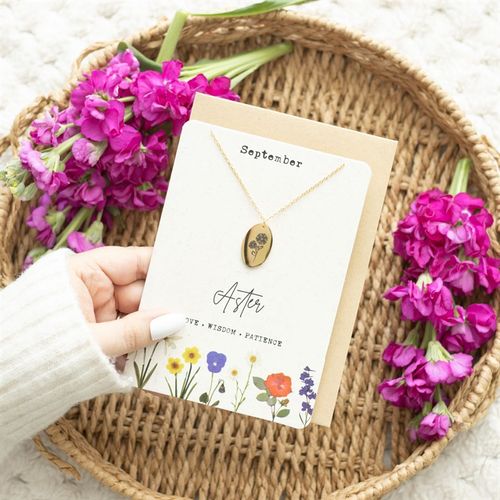 September birth flower necklace on a card featuring aster flowers, symbolizing love, wisdom, and patience, surrounded by pink blooms