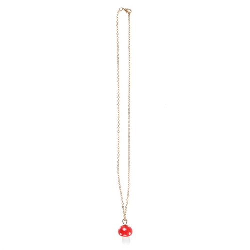 Beautiful toadstool charm necklace with a vibrant red pendant, hanging from a delicate gold chain