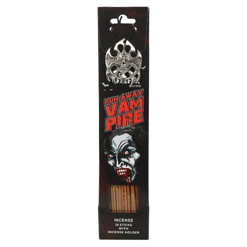Run Away Vampire incense sticks with decorative holder, featuring spooky artwork and a vibrant design