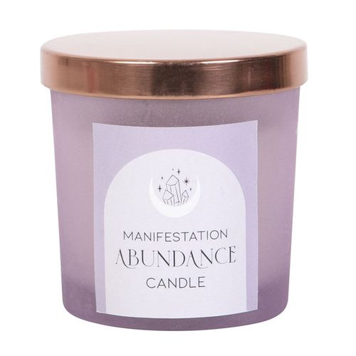Abundance French lavender crystal chip candle in a violet glass jar with a rose gold lid for relaxation and wellness.