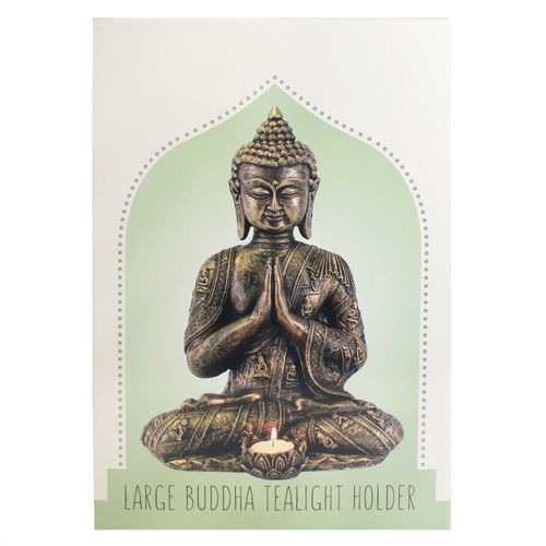 Elegant large Buddha tealight holder made of bronze, featuring serene, praying buddha design for calming ambiance
