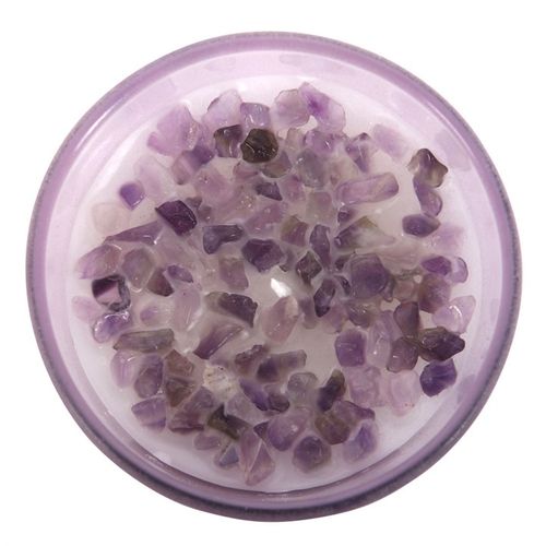 Top view of Abundance French lavender crystal chip candle with purple crystal chips surrounded by creamy wax in a round container.
