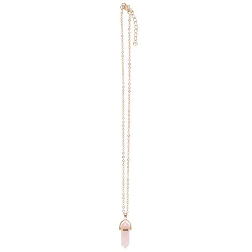 Elegant rose quartz crystal necklace with matching card, featuring a delicate gold coloured chain and pointed crystal pendant