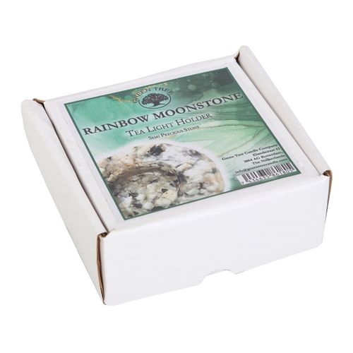 Beautiful rainbow moonstone candle holder packaged in a white box, perfect for enhancing any space with tranquility.