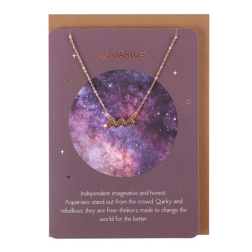 Aquarius Zodiac Necklace displayed on a cosmic-themed card with a description of its traits and golden accents.
