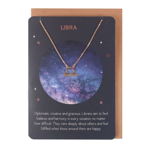 Libra zodiac necklace and card featuring a gold chain with a Libra symbol, set against a cosmic background.