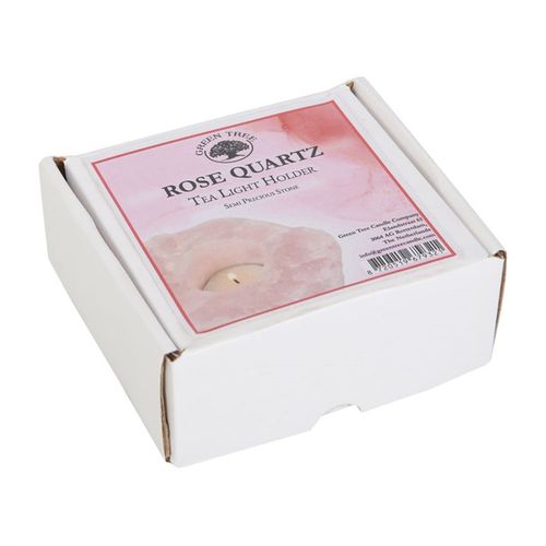 Rose quartz tealight holder beautifully packaged in a decorative box, perfect for enhancing any spiritual space.