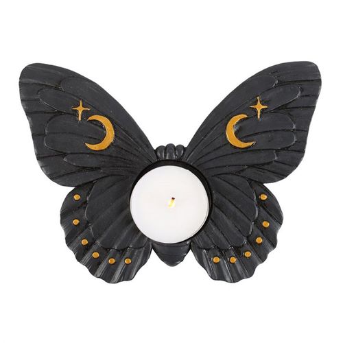 Elegant black moth candle holder with gold crescent moon details, designed for tealight candles, perfect for home decor