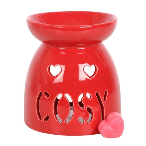 Bright red ceramic wax melt burner gift set featuring heart cutouts and a pink wax heart for a cozy ambiance