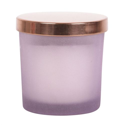 Elegant Abundance French lavender crystal chip candle in frosted purple glass with a copper lid for a calming atmosphere.