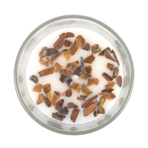 Vanilla Stardust candle with crystals showcasing a clear container filled with creamy wax and decorative crystal chips