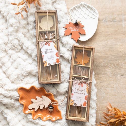 Autumn Acorn warm vanilla incense gift set in a wooden box, featuring scented sticks, decorative leaves, and a ceramic dish.