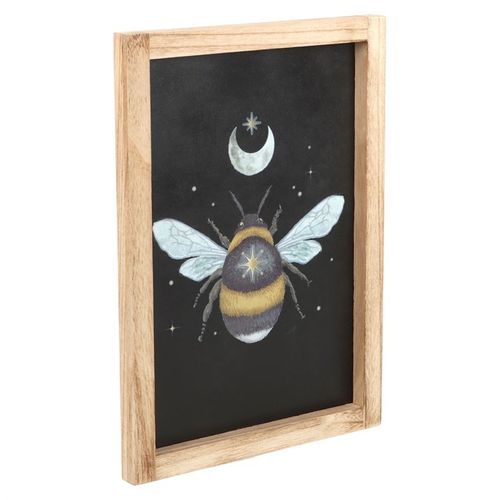 Framed bee print for home decor featuring a detailed illustration of a bee with crescent moon and stars on a dark background